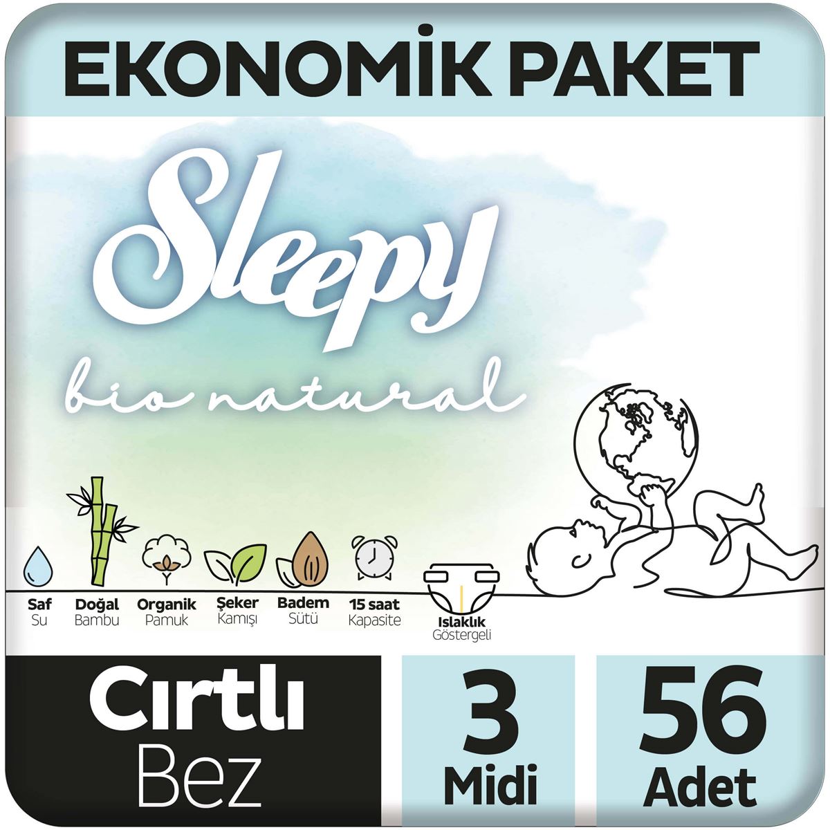 Sleepy Bio Natural Ekonomik Paket Bebek Bezi 3 Beden Midi 3x56 168 Adet