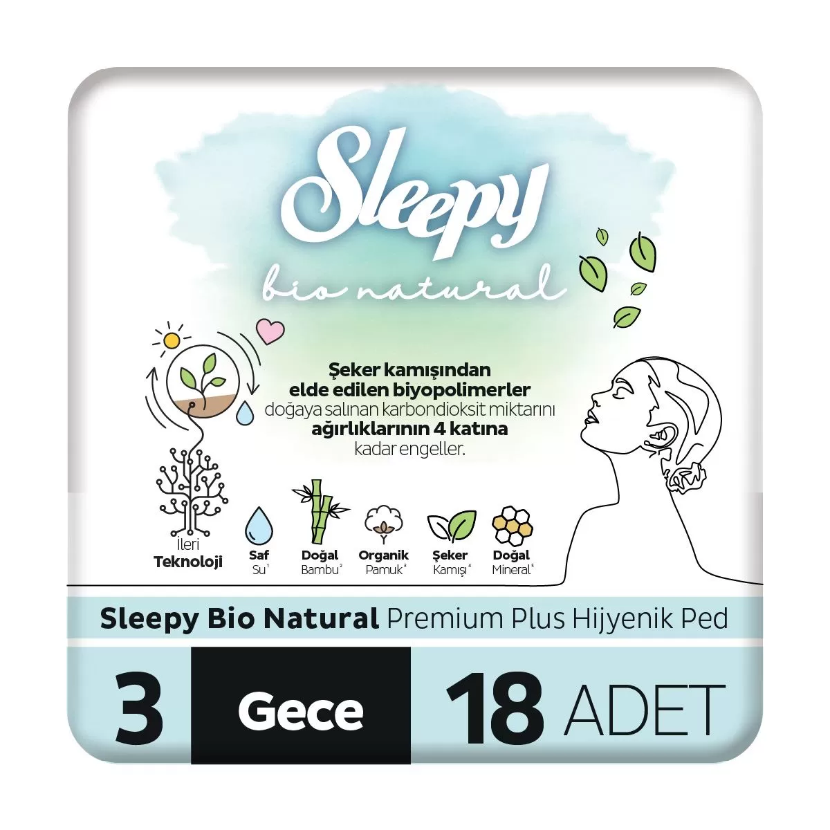 Sleepy Bio Natural Premium Plus Hijyenik Ped Gece 18x5 90 Adet Ped