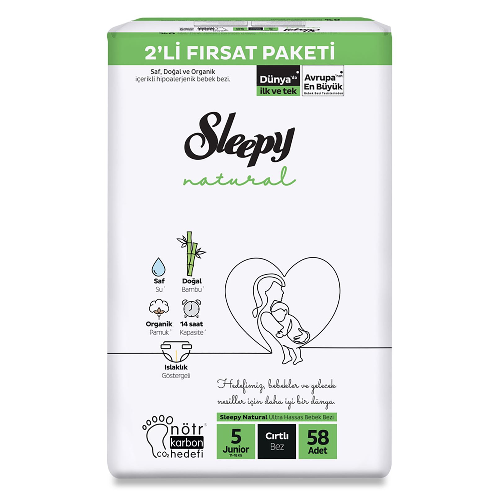 Sleepy Natural Bebek Bezi 2'li Fırsat Paketi 5 Beden 58x2 116 Adet