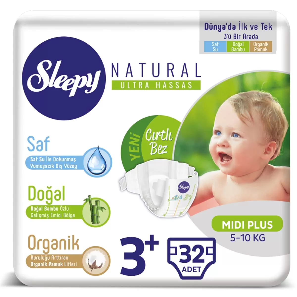Sleepy Natural Bebek Bezi 3+ Numara Midi Plus 32 Adet 5-10 Kg