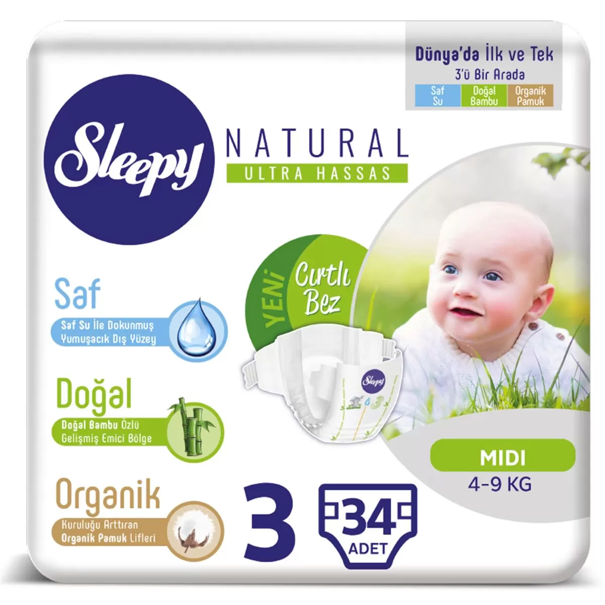 Sleepy Natural Bebek Bezi 3 Numara Midi 34 Adet 4-9 Kg