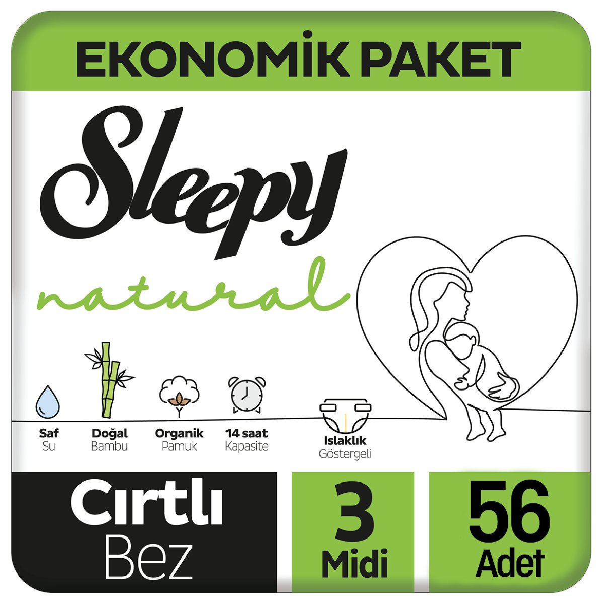 Sleepy Natural Bebek Bezi Ekonomik Paket 3 Beden 56 Adet