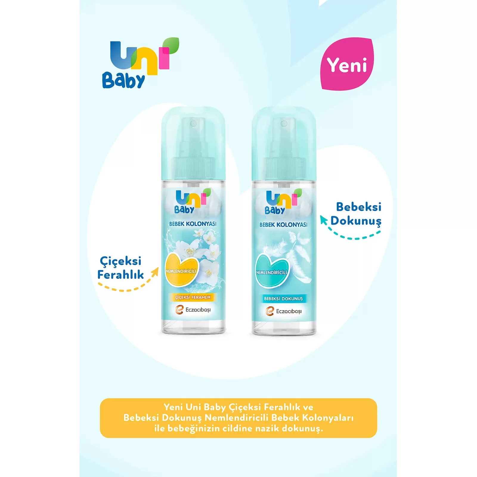 Uni Baby Bebek Kolonyası Çiçeksi Ferahlık 150 ml + Uni Baby Bebek Kolonyası Bebeksi Dokunuş 150 ml