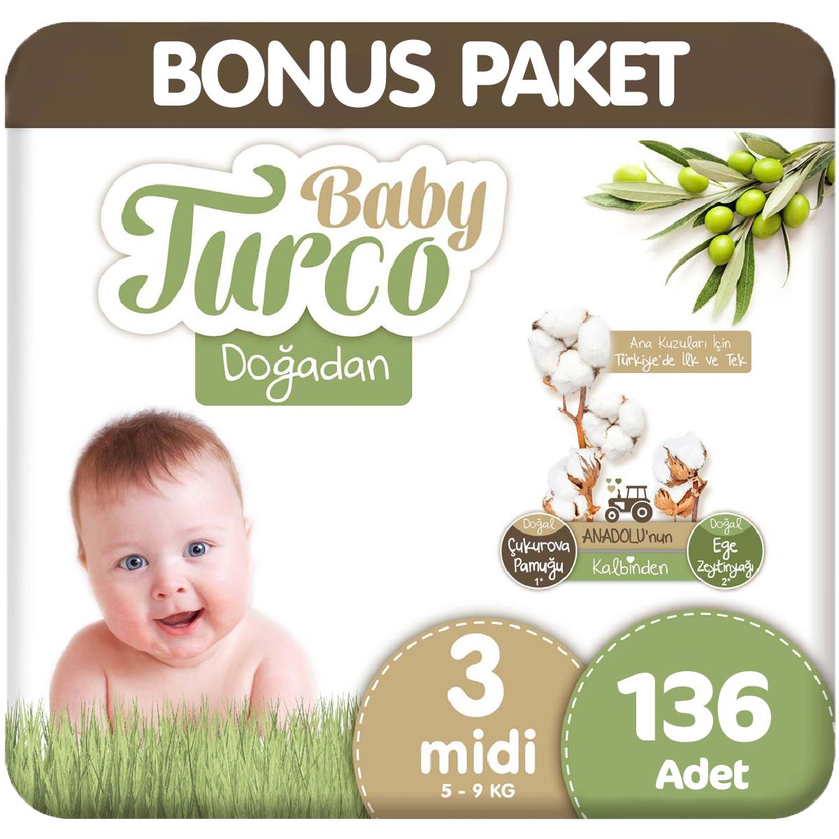 Baby Turco Doğadan Bonus Paket Bebek Bezi 3 Beden 136 Adet