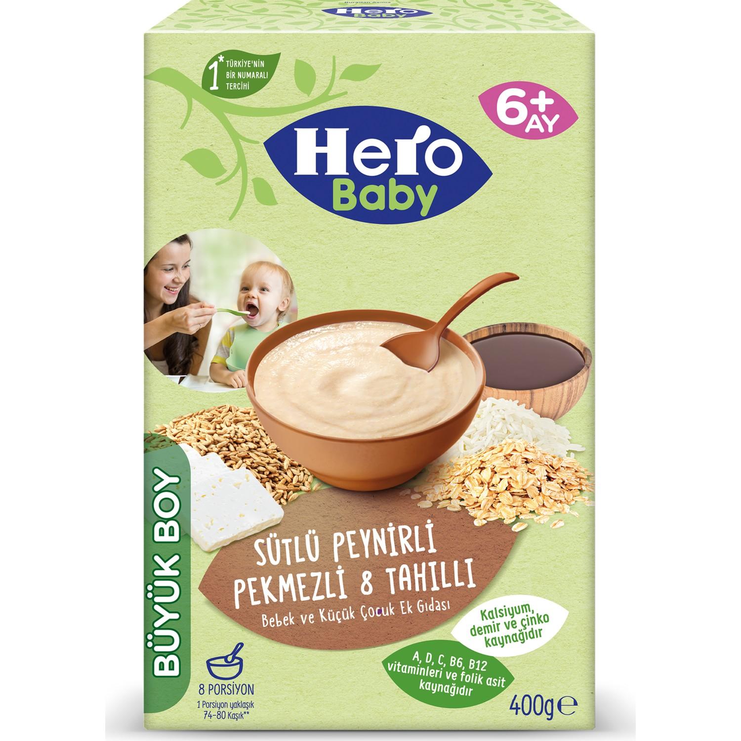 Hero Baby Sütlü Peynirli Pekmezli 8 Tahıllı Kaşık Mama 400 gr 4'lü Paket