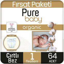 Pure Baby Organik Pamuklu Bebek Bezi 1 Beden Yenidogan 64 Adet