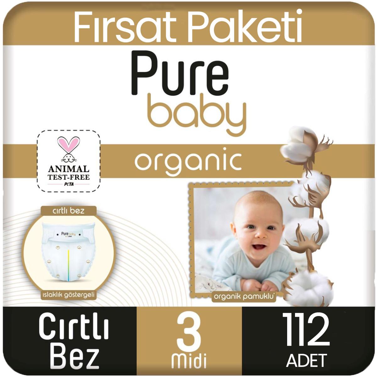 Pure Baby Organik Pamuklu Bebek Bezi 3 Beden 56*2 112 Adet